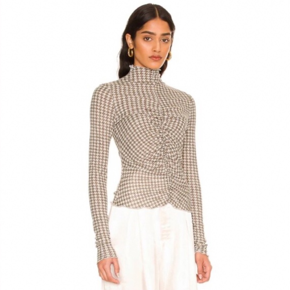 Brown Houndstooth Ruched Long Sleeve Top Free People